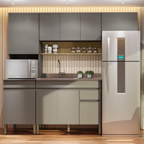 Armário de Cozinha Completa 120 com Balcão para Pia 9 Portas Line - Freijó/gris