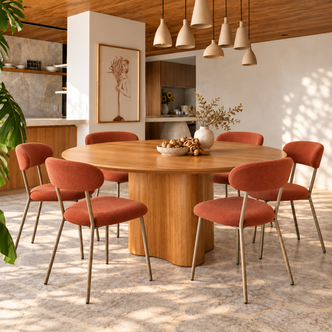 Conjunto Mesa 150cm Organica Redonda 6 Cadeiras Ferro Jantar:Linho Terracota