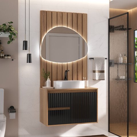 Conjunto para Banheiro Clarice 78cm C/ Tampo Painel e Espelho Orgânico Led - Fabribam