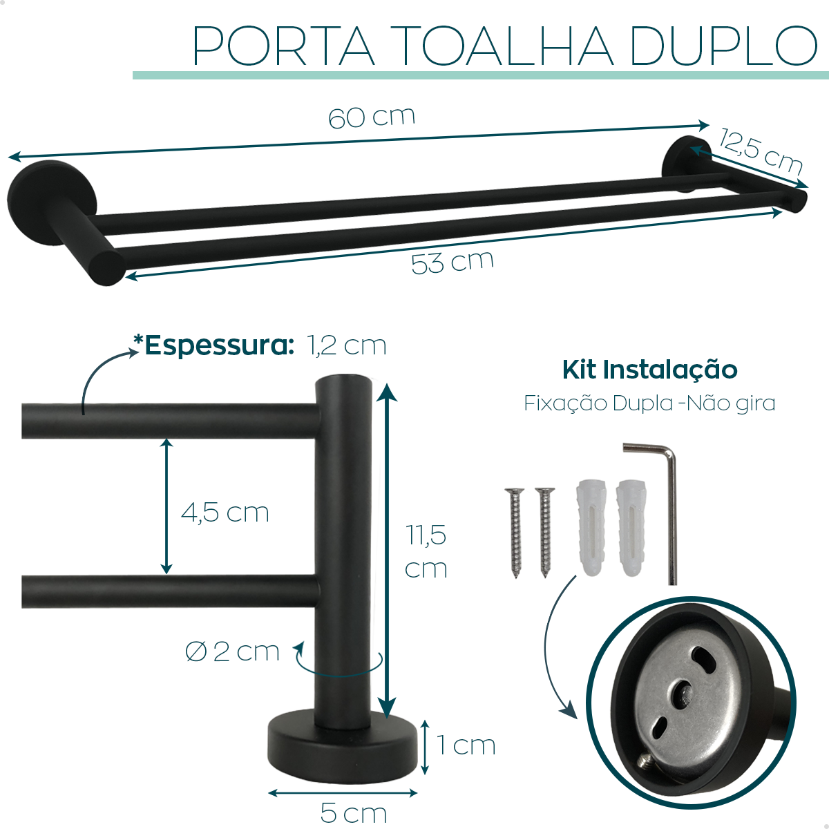 Suporte Porta Toalha Duplo Toalheiro Preto Fosco 60cm Aço Inox Porta Toalha Banho Acessorio Banheiro - 4