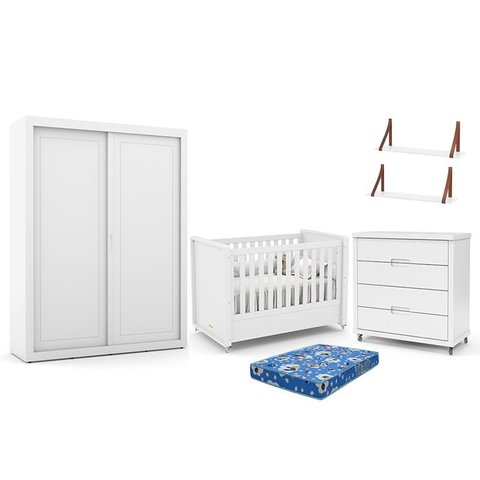 Dormitório Tutto New 2 Portas, Cômoda, Berço Branco Soft com Colchão e Prateleiras - Matic Móveis