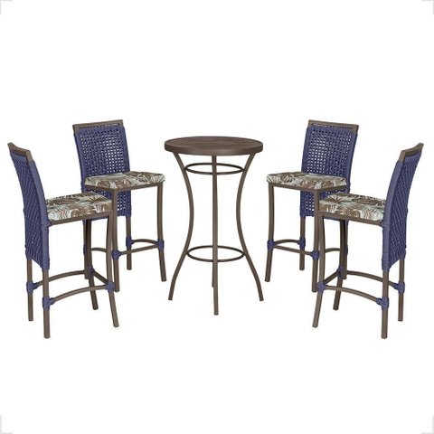 Mesa Bistrô e 4 Banquetas Roma Marrom Corda Estofado 6 Trama Azul