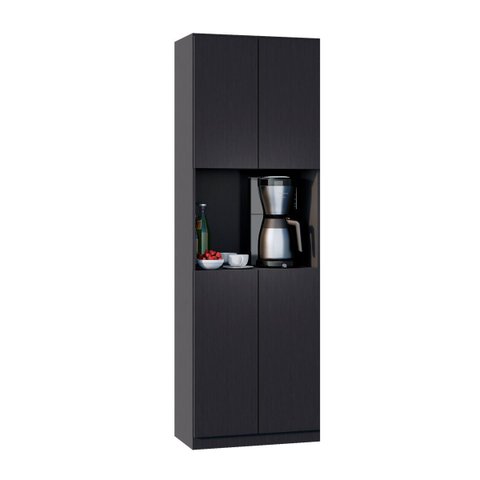 Armário Multiuso 4 Portas Organizador Compacto Preto com Nicho para Café e Cozinha