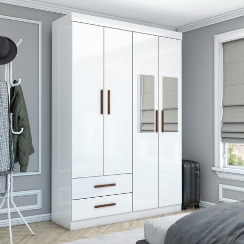 Guarda-Roupa Solteiro Siena 4 Portas 2 Gavetas com Espelho Multimóveis CR35555 Branco