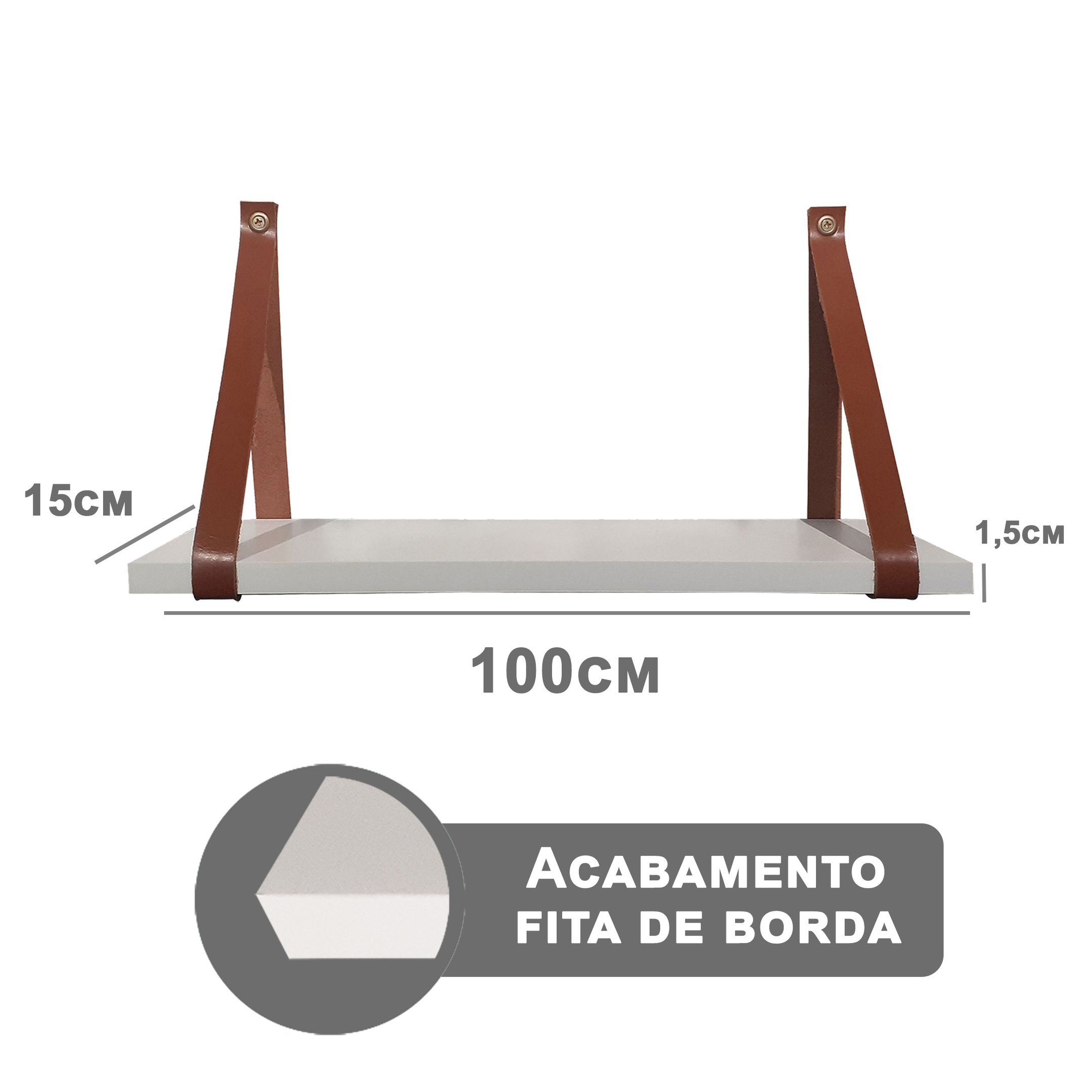 Kit 2 Prateleiras Branca em Mdf 100x15cm com Alça Caramelo - 3