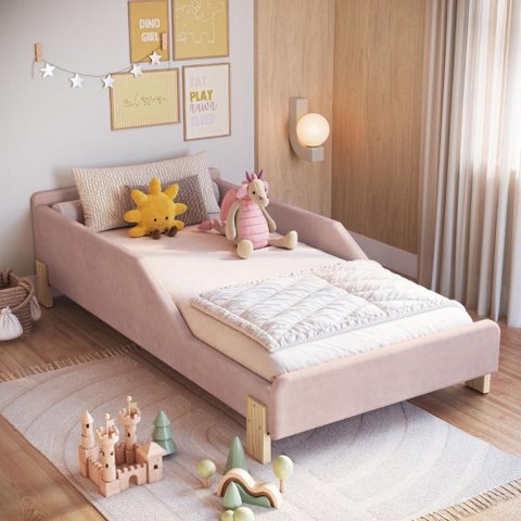 Cama Montessoriana Estofada Infantil Solteiro 196 cm X 99 cm Cor:Boucle Rosa
