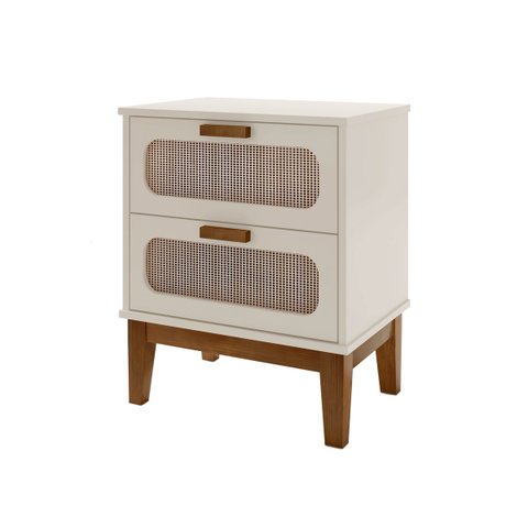 Mesa de Cabeceira Santorini 45cm Off White Brilhante 2 Gavetas Classico Pés Puxador Madeira Retro