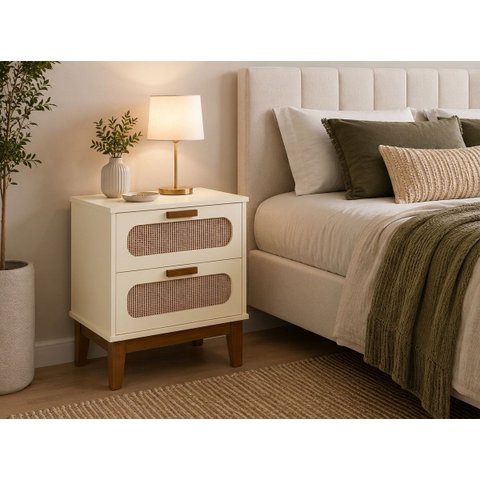 Mesa de Cabeceira Santorini 45cm Off White Brilhante 2 Gavetas Classico Pés Puxador Madeira Retro