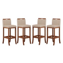Kit 4 Banquetas Alta Encosto Estofado 38x102 Cm Turim Madeira Maciça Pinhão Suede Bege CCS - 1