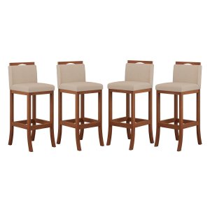Kit 4 Banquetas Alta Encosto Estofado 38x102 Cm Turim Madeira Maciça Pinhão Suede Bege CCS