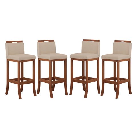 Kit 4 Banquetas Alta Encosto Estofado 38x102 Cm Turim Madeira Maciça Pinhão Suede Bege CCS