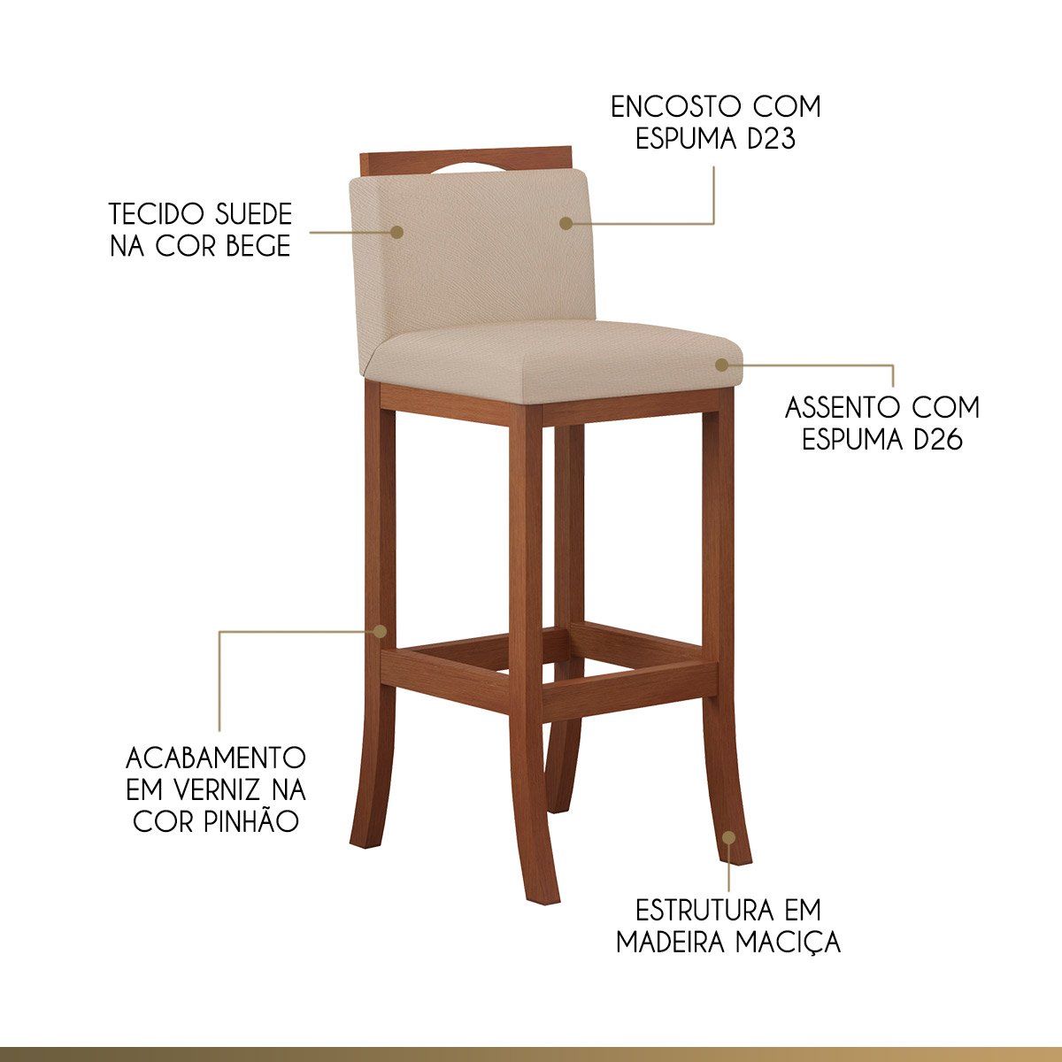 Kit 4 Banquetas Alta Encosto Estofado 38x102 Cm Turim Madeira Maciça Pinhão Suede Bege CCS - 3