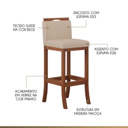 Kit 4 Banquetas Alta Encosto Estofado 38x102 Cm Turim Madeira Maciça Pinhão Suede Bege CCS - 3
