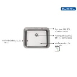 Cuba de Embutir Tramontina 50 x 40 cm Dora 50 BL em Aço Inox Acetinado com Válvula e Escape - 3