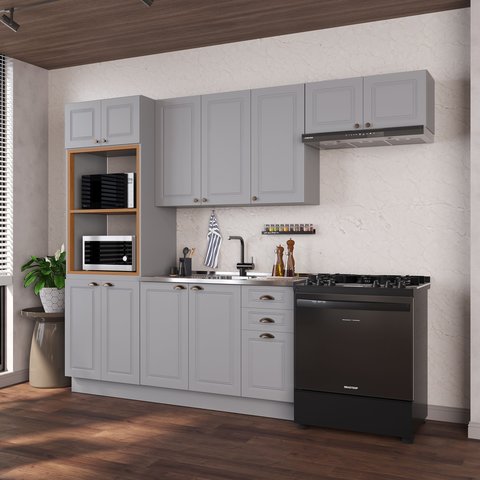 Cozinha Modulada 4 Peças Torre Quente Balcão sem Tampo 2 Aéreos 100% MDF com Rodapé Bari Cinza/Titanio Fosco