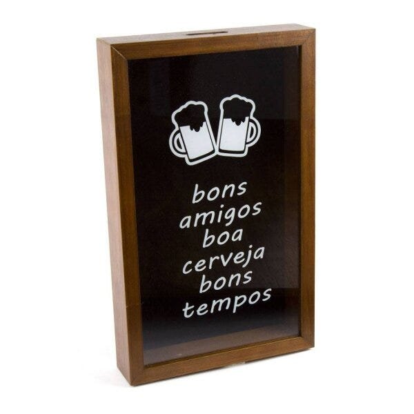 Quadro Porta Tampa de Cerveja de Madeira Bons Amigos Boa Cerveja 46,5cmx30,5cmx5cm Rojemac - 1