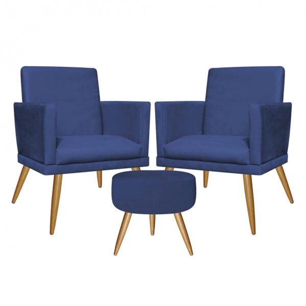 Kit 2 Poltronas Decorativa Nina com Rodapé e 1 Puff Redondo Suede Azul Marinho - 1