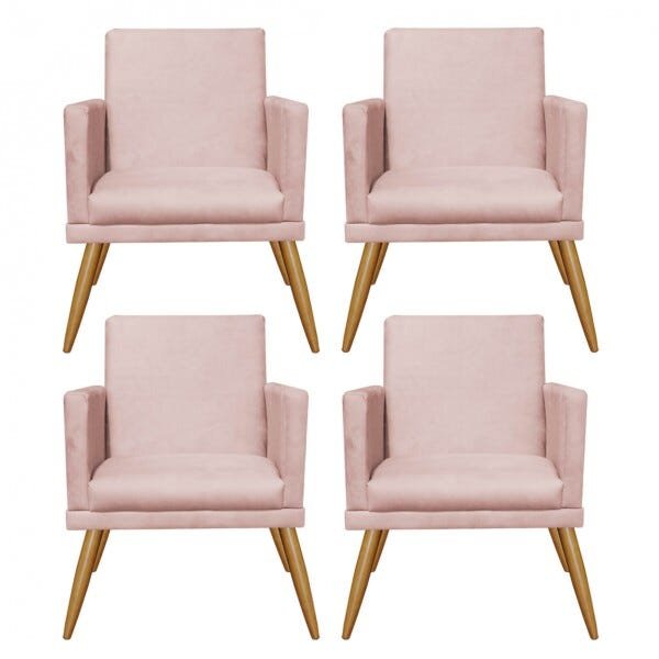 Kit 04 Poltronas Decorativa Nina com Pés Madeira com Rodapé Suede Rose - 1