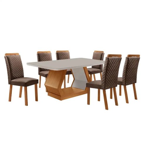Mesa de Jantar Alvorada 180cm Tampo MDF Vidro Canto Copo com 6 Cadeiras Lorena Moderna Mobília