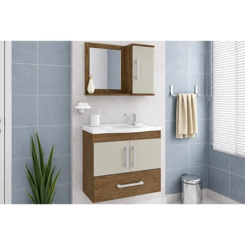 Gabinete Banheiro c/Espelho Atenas 65cm Amêndoa/Off MGM