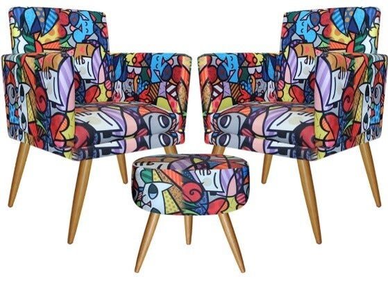 Kit 2 Poltronas Decorativa com rodapé e 1 Puff Redondo Nina Romero Britto - 1