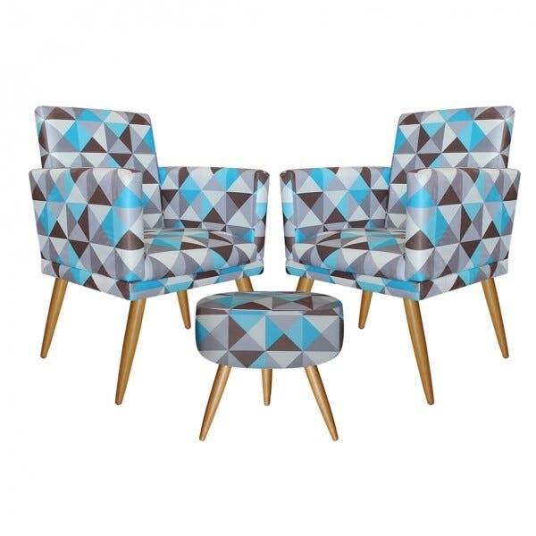 Kit 2 Poltronas Decorativa com Rodapé e 1 Puff Redondo Nina Triângulo Azul- Bela Casa Shop - 1