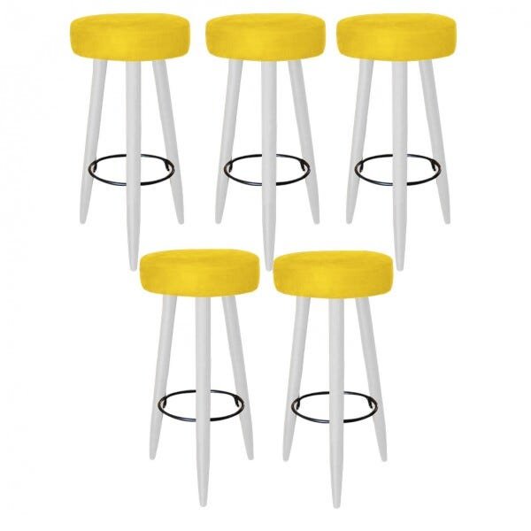 Kit 5 Banquetas Decorativa Rubi Pés Branco Suede Amarelo - 1