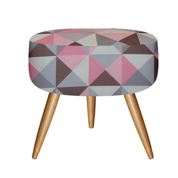 Puff Decorativo Redondo com Pés Madeira Suede Triângulo Rosa - 1