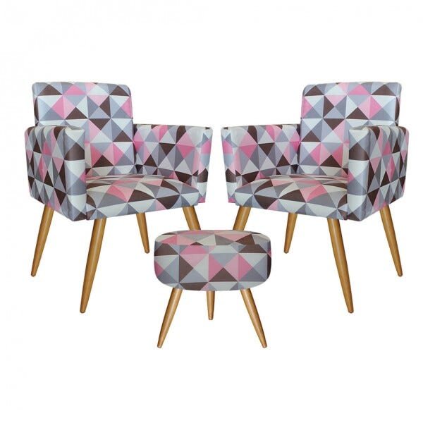 Kit 2 Poltronas Decorativa e 1 Puff Redondo Nina Triângulo Rosa - Bela Casa Shop - 1