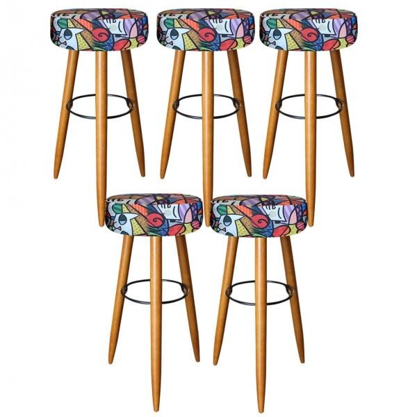 Kit 5 Banquetas Decorativa Rubi Pés Madeira Romero Britto - 1