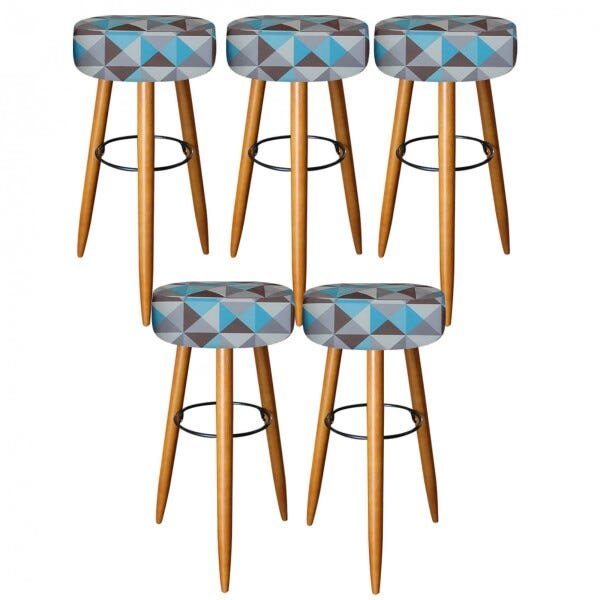 Kit 5 Banquetas Decorativa Rubi Pés Madeira Triângulo Azul - 1