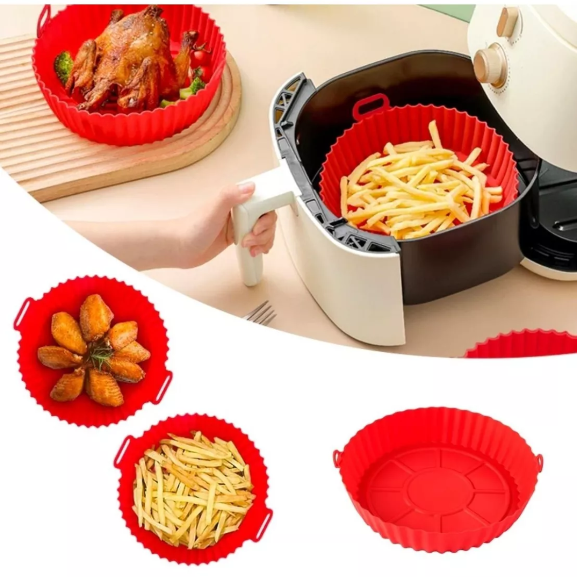 Forma para Air Fryer em Silicone Redonda Preto com Alças - - 4