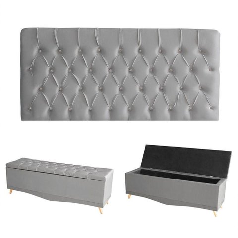Kit Estrela Cabeceira de Cama Painel e Calçadeira Baú Botão Cristal King 195 Cm Suede Prata do