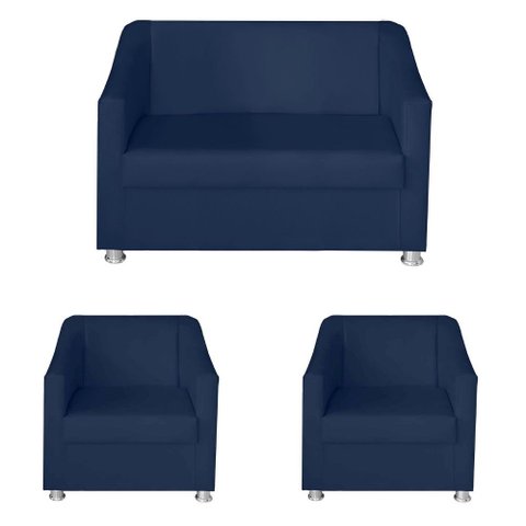 Kit Poltrona Namoradeira e 2 Poltronas Decorativa 68 cm Tilla Azul Marinho - Mafer