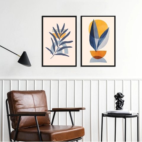 Kit 2 Quadros Plantas Boho - Azul Royal 45x34cm - com Vidro:moldura Preta