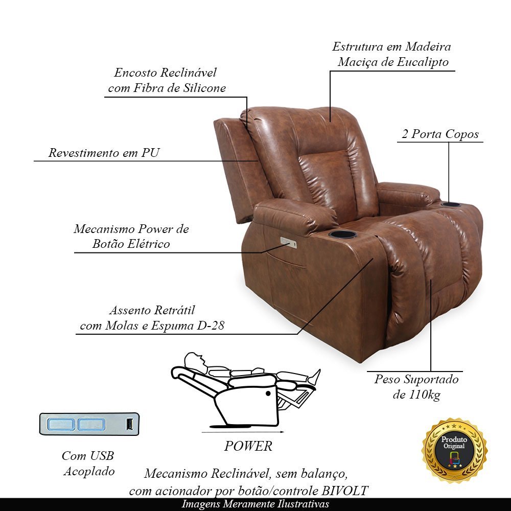Poltrona do Papai Reclinável Sala de Cinema Crihs Elétrica Botão Led Porta Copos USB PU Marrom Brilho G23 - 3