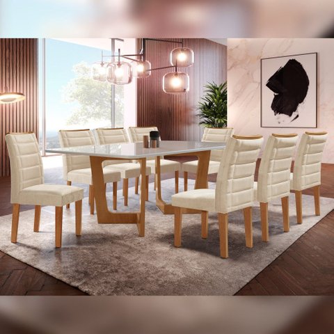 Conjunto Sala de Jantar Nápoles Tampo Vidro/MDF com 8 Cadeiras Genova Smart Plus Cel Móveis