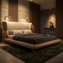 Ver imagem 1 de Conjunto Cama Japonesa King Cabeceira Alta Estofada Curva Boucle Courino Premiun Luxo Desing Unico a