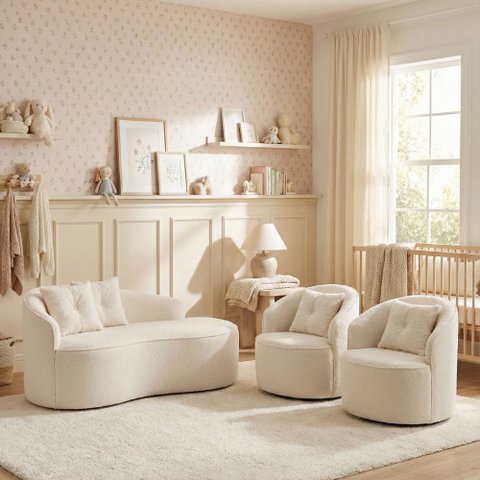 Kit Sofá Orgânico Curvo Feijão + 02 Poltronas Sala Estúdio Amore Bouclê Off White - Vimont Moveis