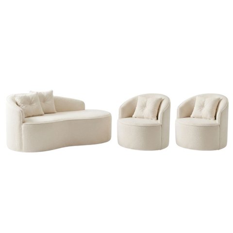 Kit Sofá Orgânico Curvo Feijão + 02 Poltronas Sala Estúdio Amore Bouclê Off White - Vimont Moveis