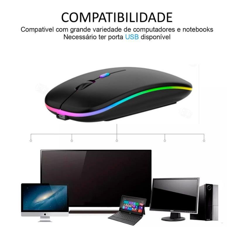 Mouse sem Fio Recarregável Led Rgb Clique Silencioso 2.4 Hz - 6