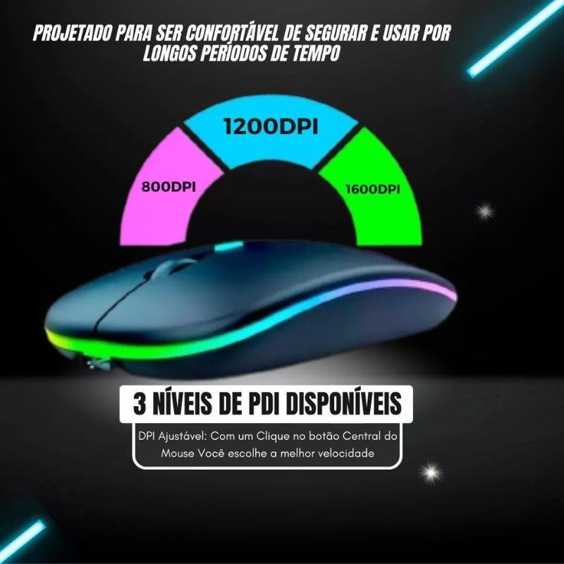 Mouse sem Fio Recarregável Led Rgb Clique Silencioso 2.4 Hz - 9