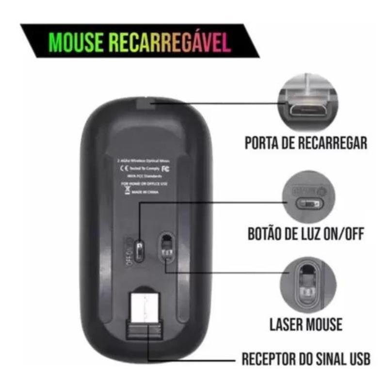 Mouse sem Fio Recarregável Led Rgb Clique Silencioso 2.4 Hz - 5