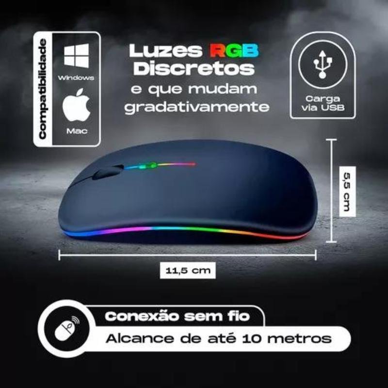 Mouse sem Fio Recarregável Led Rgb Clique Silencioso 2.4 Hz - 8