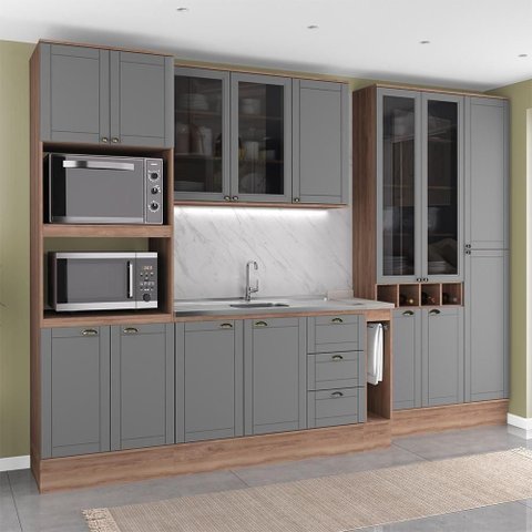 Cozinha Completa com Balcão Milla Living Life 15 Portas 3 Gavetas MDF-MDP 320cm Nogal com Cinza