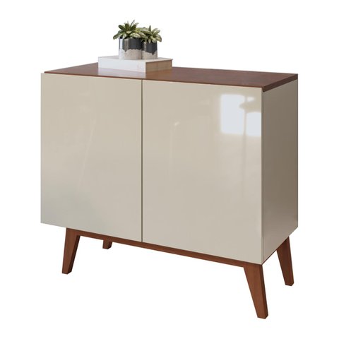 Buffet Aparador Ares 2 Portas Pés de Madeira em MDF Off White com Freijó