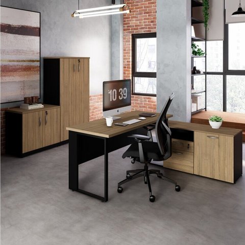 Conjunto para Escritório com Mesa Diretor em L, 1 Armário Alto e 1 Baixo Espresso Móveis Macadâmia Preto Marrom