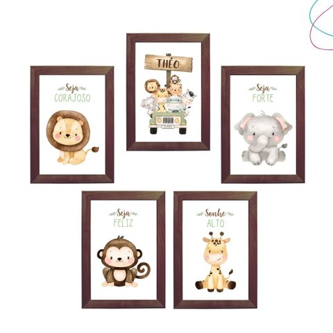 Kit 5 Quadros Decorativos Infantil Safari Baby Aquarela:tabaco