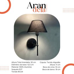 Arandela de Parede com Interruptor com Cupula Ref 16 Soquete E27 Bivolt - Preto com Preto - 3