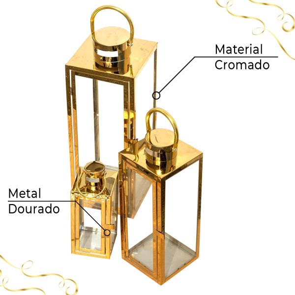 Kit com 3 Lanternas Marroquinas Decorativa Dourada Metal - 3